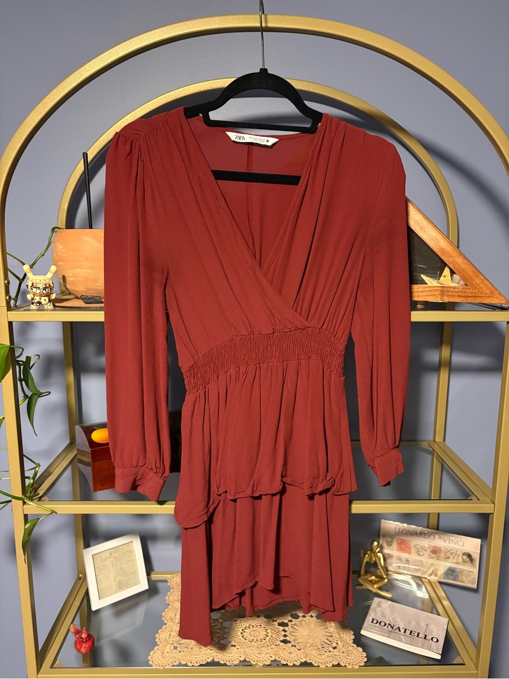 Zara Rust Red Long Sleeve Tiered Dress